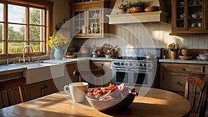 Rustic Farmhouse Kitchen with Sunlit Breakfast Table and Crispy Bacon