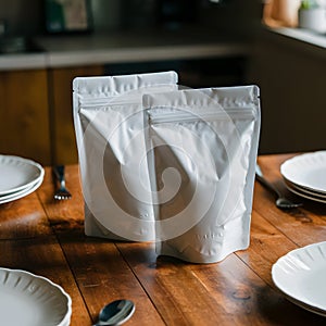 Cozy kitchen scene with two white pouches on a wooden table photo