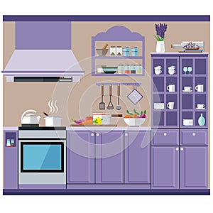 A cozy kitchen in the style of Provence with a lot of cabinets  dishes and kitchen utensils. Vector illustration  kitchen set