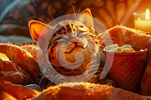 Cozy Kitten Enjoying Warm Sunlight Amongst Soft Blankets with Hot Beverage, Adorable Feline Home Comforts Scene