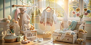Cozy knitted childrenswear and playful toys in a sunlit room. Generative AI photo