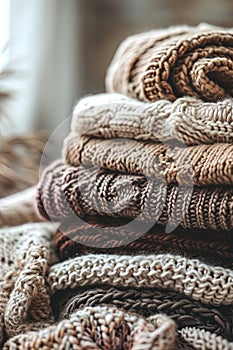 Cozy knitted sweaters in warm neutral tones, suitable for fashion retail., AI Generated