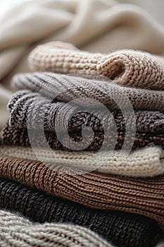 Cozy knitted sweaters in warm neutral tones, suitable for fashion retail,. AI Generated