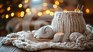 Cozy Knitting Space with Yarn Needles and Warm Lighting photo