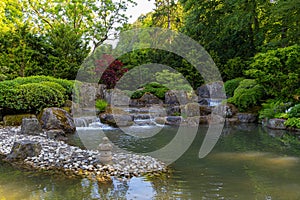 Cozy lagoon in the park with a waterfall