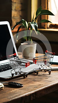 Cozy laptop setup with miniature shopping carts on wooden table, indoor setting.