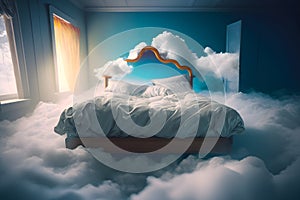 Cozy large double-steel bed with soft white fluffy linen and filler like clouds are shrouded in a bedroom. The concept of sweet