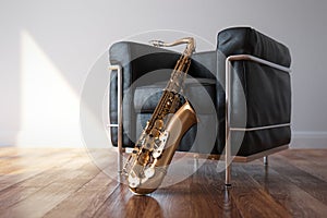Cozy Leather Arnchair With Saxophone In Classic Bright Room