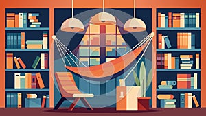 A cozy library with floortoceiling bookshelves and a comfortable hammock that invites readers to get lost in a good book