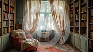 Cozy library room with sheer curtains, red armchair, and vintage bookshelves