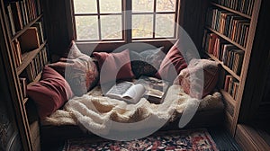 Cozy library window seat reading autumn books