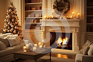 cozy light interior decorated with Christmas garlands, candles, burning fireplace, Christmas tree