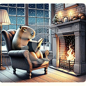 Cozy Literary Capybara, Nighttime Reading Retreat