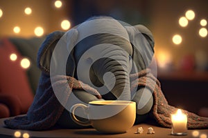 Acogedor pequeno un elefante lleno en frazada tiene taza de caliente cacao o té en cómodo 