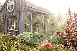 Cozy Little She-Shed and Brick Path in Cottage Garden on Foggy Morning