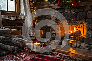 A cozy living room adorned with Christmas decorations and a crackling fireplace, A cozy fireplace with a snuggly blanket and hot photo