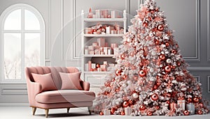 Cozy living room, adorned with Christmas tree, gifts, and lights generated by AI