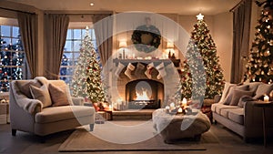 A cozy living room adorned with twinkling Christmas lights, a crackling fireplace and a beautifully decorated tree