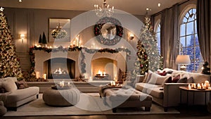 A cozy living room adorned with twinkling Christmas lights, a crackling fireplace and a beautifully decorated tree