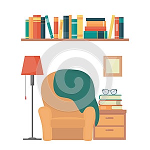 Cozy living room: armchair, nightstand, books, floor lamp, bookshelf. Interior elements of home library. Love reading concept