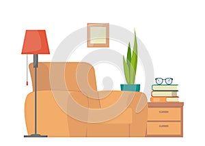 Cozy living room: armchair, nightstand, books and floor lamp. Interior elements of home library. Love reading concept illustration