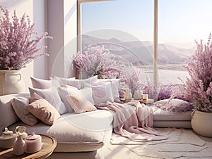 Cozy Living Room Bathed in Sunlight with Pastel Pink Blooms