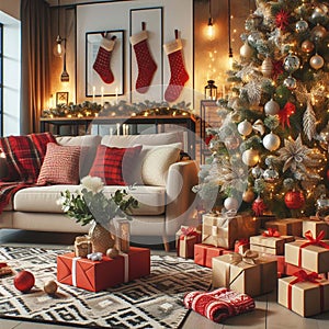 Cozy living room with a beautiful Christmas tree and red gifts in a modern interior.