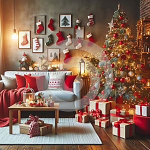 Cozy living room with a beautiful Christmas tree and red gifts in a modern interior.