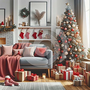 Cozy living room with a beautiful Christmas tree and red gifts in a modern interior.