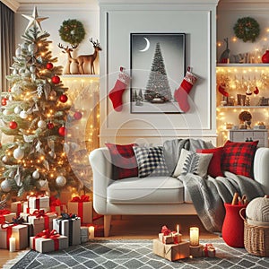 Cozy living room with a beautiful Christmas tree and red gifts in a modern interior.