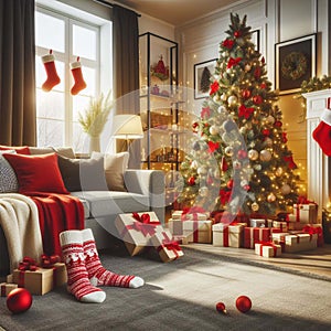 Cozy living room with a beautiful Christmas tree and red gifts in a modern interior.