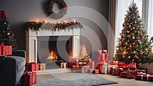 Cozy living room with a beautiful Christmas tree and red gifts in a modern interior.