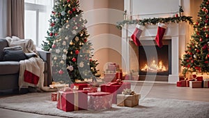 Cozy living room with a beautiful Christmas tree and red gifts in a modern interior.