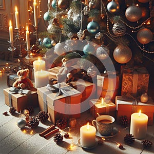 Cozy living room with a beautiful Christmas tree and red gifts in a modern interior.