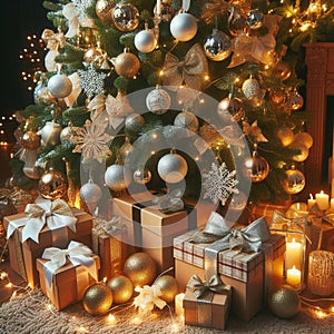 Cozy living room with a beautiful Christmas tree and red gifts in a modern interior.