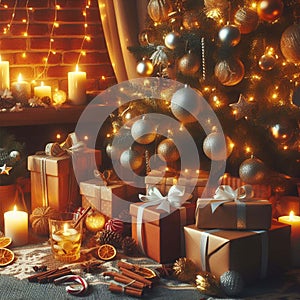 Cozy living room with a beautiful Christmas tree and red gifts in a modern interior.