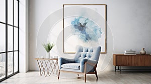 A cozy living room with a blue chair and an elegant artwork on the wall