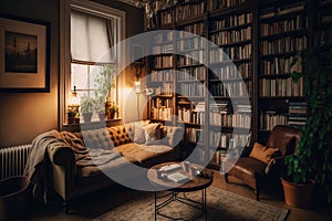 a cozy living room with a bookshelf filled with novels and coffee table books