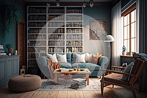 a cozy living room with a bookshelf filled with novels and coffee table books