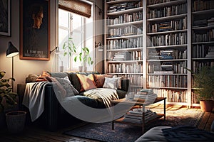 a cozy living room with a bookshelf filled with novels and coffee table books