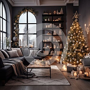 A cozy living room with a Christmas tree in the corner, decorated with lights and ornaments