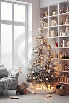 A cozy living room with a Christmas tree in the corner, decorated with lights and ornaments