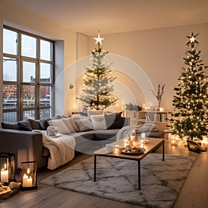 A cozy living room with a Christmas tree in the corner, decorated with lights and ornaments