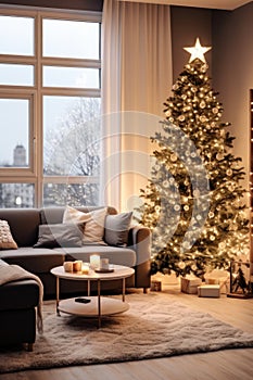 A cozy living room with a Christmas tree in the corner, decorated with lights and ornaments