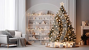 A cozy living room with a Christmas tree in the corner, decorated with lights and ornaments