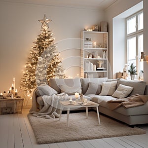 A cozy living room with a Christmas tree in the corner, decorated with lights and ornaments