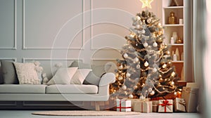 A cozy living room with a Christmas tree in the corner, decorated with lights and ornaments