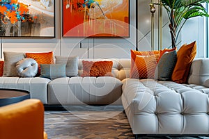 Cozy living room close-up with colorful cushions on a modern sofa. Interior design detail shot with abstract wall art