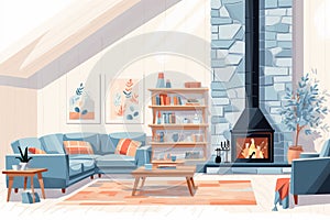 Cozy living room with Comfort Hygge interior design, light colours, flat design illustration