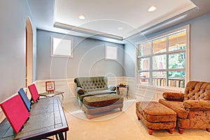 Cozy living room with comfortable armchairs, blue walls and carpet floor.